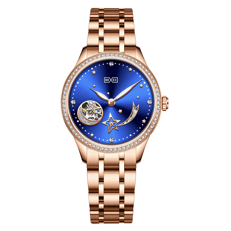 bexei/彼赛星月镂空小圆盘夜光防水商务全自动女士机械腕表女表 6131