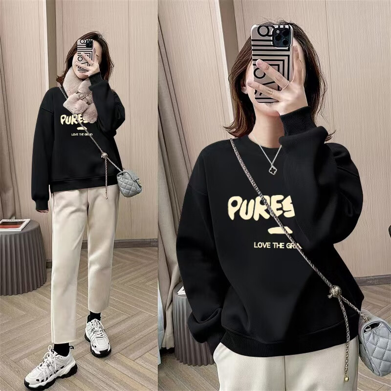 森马（Semir）美式圆领华棉卫衣女百搭秋冬宽松慵懒套头显瘦加绒加厚打底上衣冬 黑色 字母- XXL  155-175斤