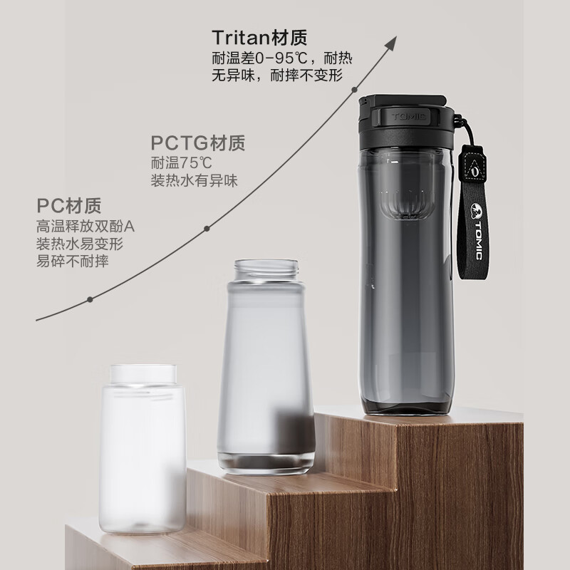 特美刻(TOMIC)磁弹泡茶杯男士水杯大容量运动水壶Tritan耐高温户外运动车载 黑色700ml