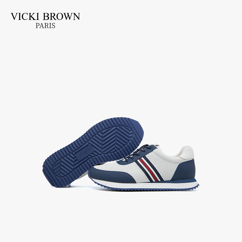 未毕(VICKI BROWN)法国品牌VB男鞋【胜利系列】新款透气网面休闲鞋潮流舒适条纹皮鞋 白蓝 41