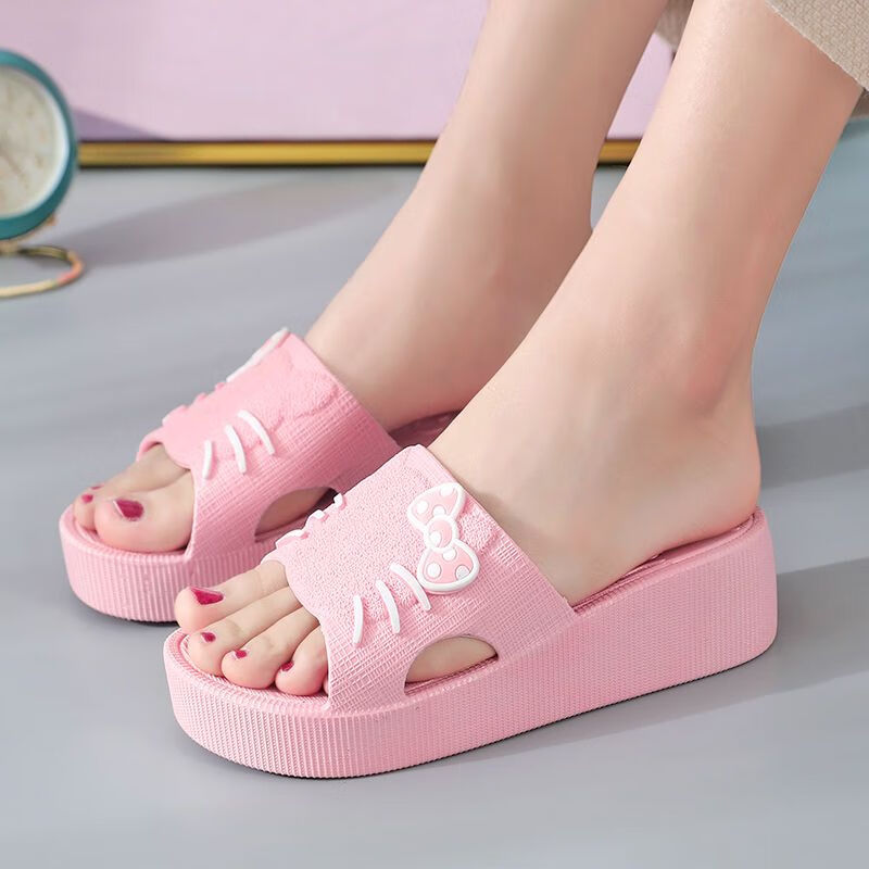 高跟可爱猫咪室内防滑浴室拖鞋少女心时尚坡跟外穿 粉色(高跟猫咪4