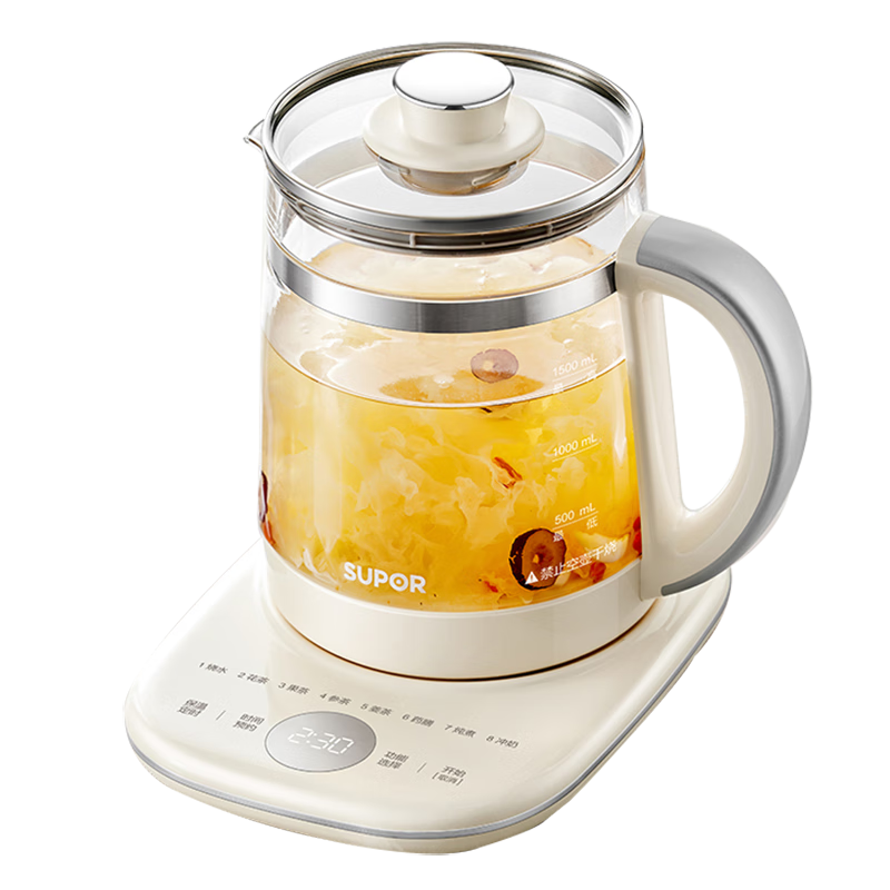 苏泊尔养生壶1.5L大容量 养生壶煮茶器烧水壶花茶壶恒温水壶电水壶电热水壶 办公室保温煮茶壶多段调温 【全玻璃创新 + 安全盾】低音速煮 1.5L