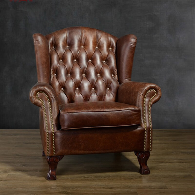 百圣牛老虎椅沙发单体沙发美式复古做旧蜡油皮棕色客厅单人沙发酒店