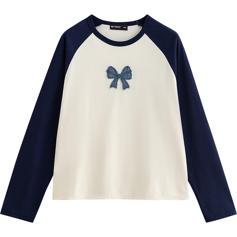 初語牛仔蝴蝶結美式t恤女2024秋季新款撞色插肩袖減齡休閑上衣 藏藍-米杏 M