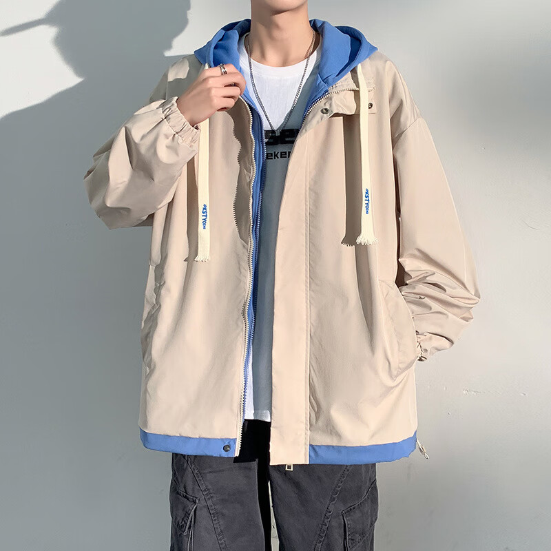 莱鸣外套男士夹克春秋假两件棒球服春季款情侣夹克男生连帽夹克 米