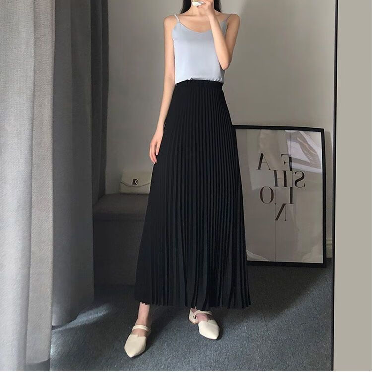 御仕达2024夏季新款百褶裙中长款半身裙女雪纺高腰显瘦a字半裙及踝