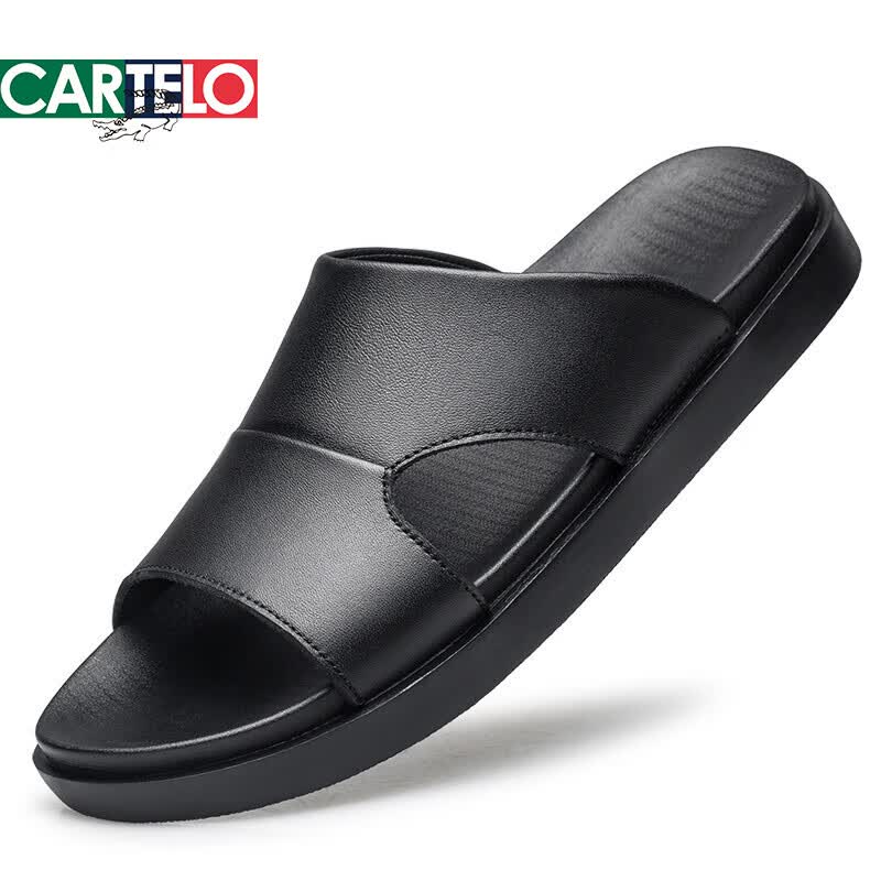 卡帝乐鳄鱼(CARTELO)2026夏季新款手工凉拖男真皮超软外穿百搭凉鞋透气头层牛皮拖鞋轻 黑色 40