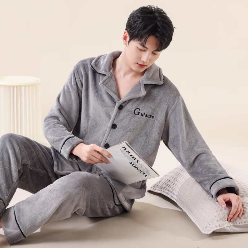 雪中飞珊瑚绒睡衣男秋冬季加绒加厚2025年新款男士法兰绒家居服套装保暖 NSCBF-时空浅灰 XL 【宽松版型建议135-155斤】