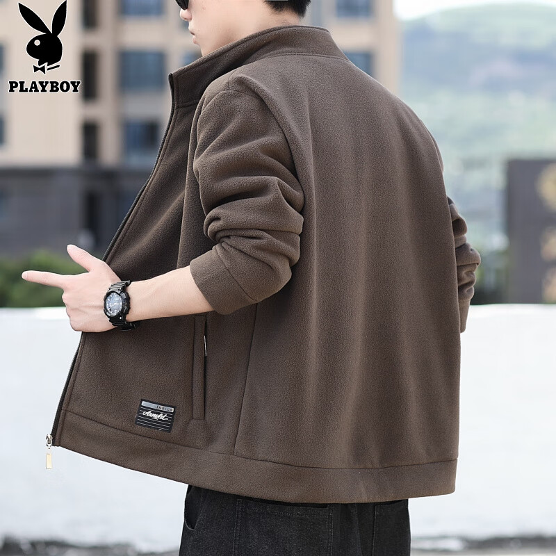 花花公子（PLAYBOY）夹克男士外套男装秋冬季立领摇粒绒宽松休闲上衣服 咖啡 XL
