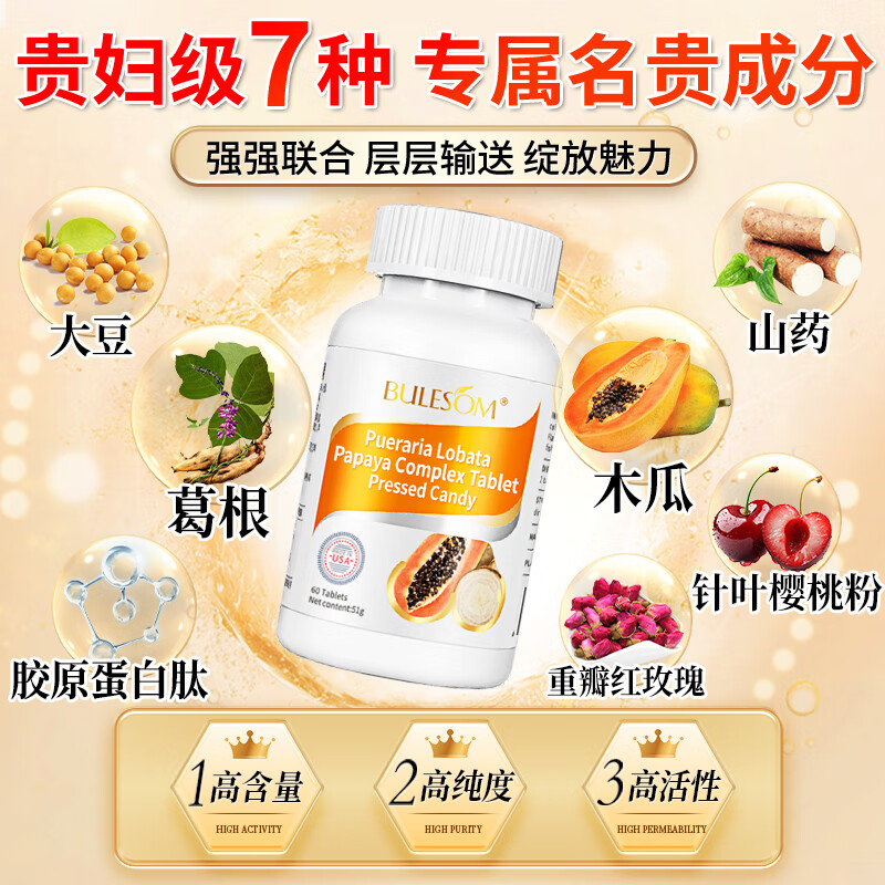 进口木瓜葛根饮粉片多肽饮胶原蛋白肽片搭胸部产品丰姿胶囊快速用 5瓶女神价【只需3瓶的价格】搭木瓜葛根多肽饮喝