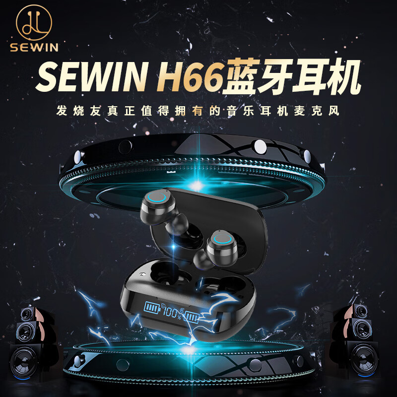 SEWIN蓝牙耳机无线HIFI高保真音质低延迟智能降噪长续航入耳式触摸控制轻盈小巧佩戴舒适 黑色 H66