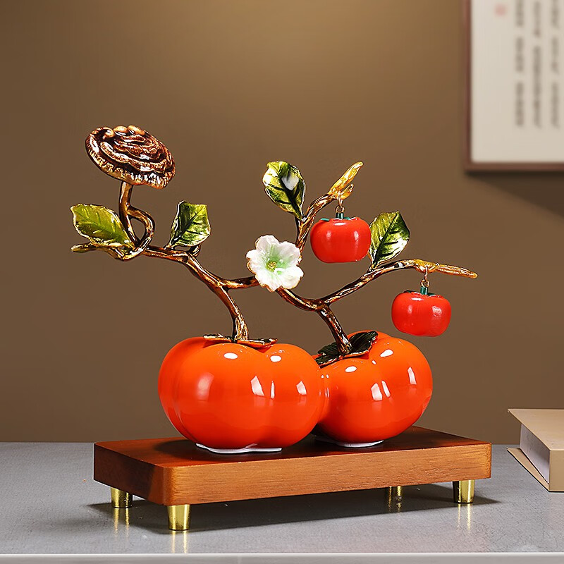 赟娅事事如意柿子桌面摆件入户玄关新中式家居陶瓷装饰品乔迁高档礼物 珐琅彩平安喜乐【苹果】+高底座（红色）【礼盒装】