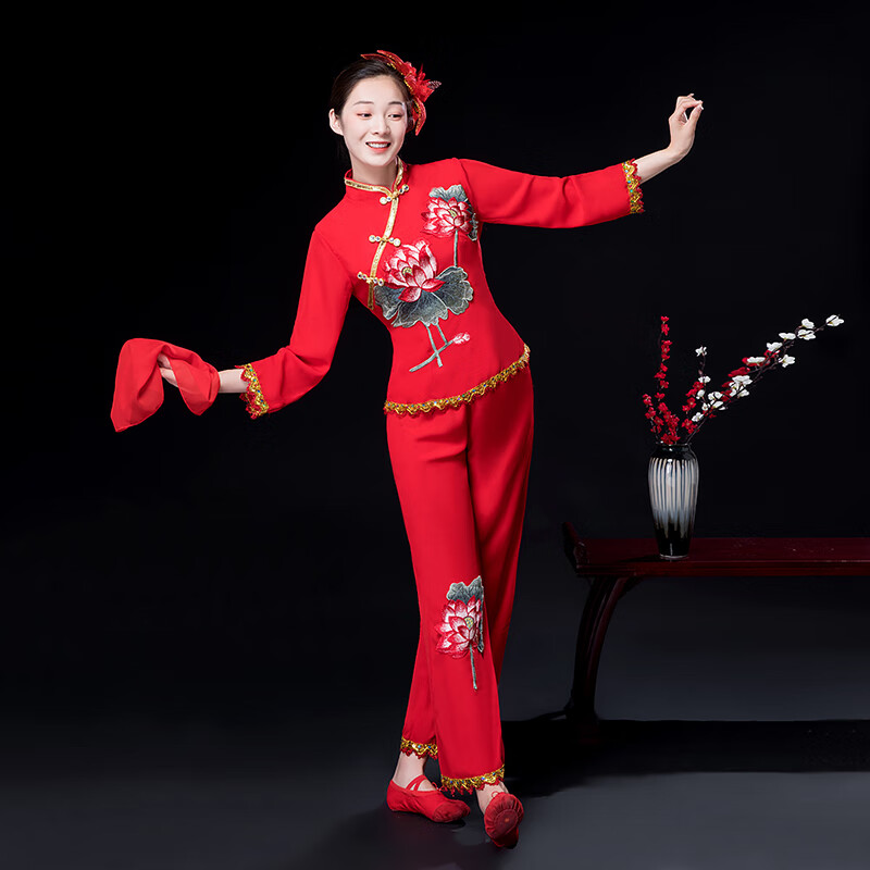 玖维娅东北大秧歌服舞蹈服装演出服女扇子舞民族广场舞表演服 红色 s