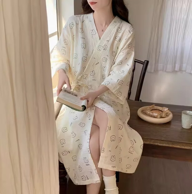潔麗雅 GRACE新款睡袍少女棉質2025年新款玲娜貝兒日式浴袍式紗布睡衣睡裙夏款 6115 英文兔子 M