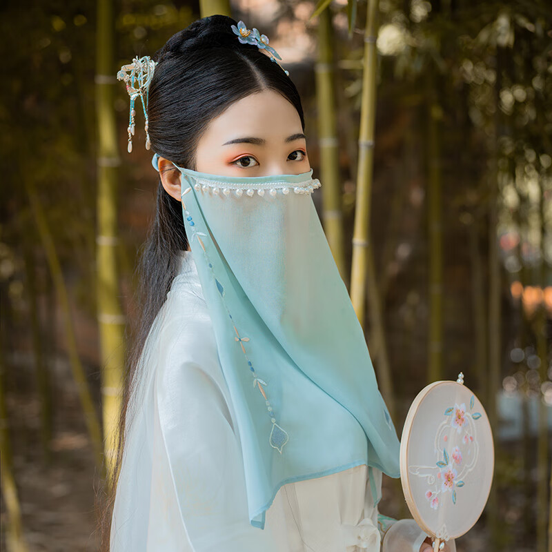帛雷斯诺面纱挡脸古风刺绣原创钉珍珠面巾汉服防晒遮脸配饰纱巾女夏
