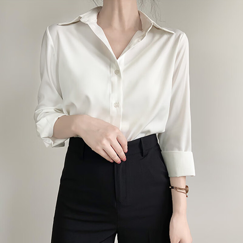 雷黛茜感绿色缎面职业衬衫女通勤衬衣设计感小众上衣百搭春秋款新款 6038# 浅灰绿 S