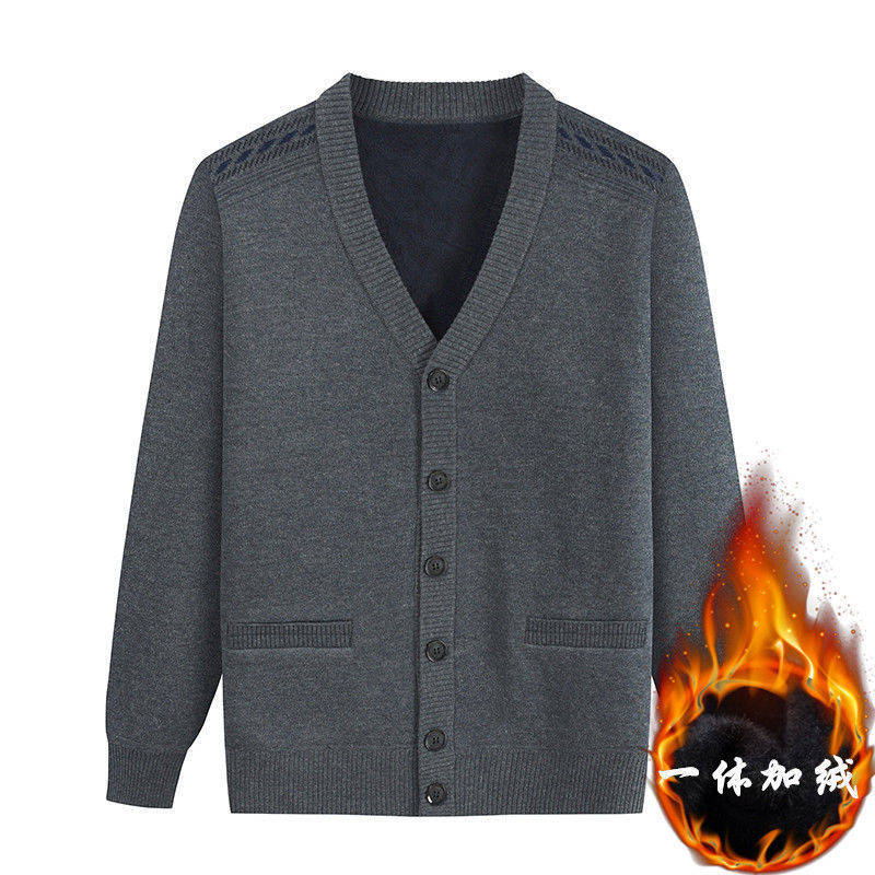 tdnzsel老年人开襟毛线衣开身毛衣男士带扣子爸爸加绒加厚老人开衫