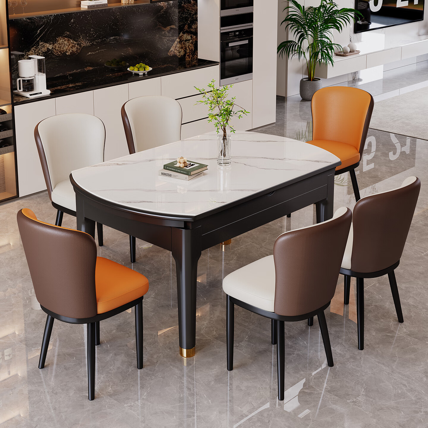 木斌实木岩板餐桌椅子全套现代简约家用小户型伸缩可折叠饭桌可变圆桌 【12MM岩板】 1桌6贝勒椅 （抗菌岩板） 1.5米