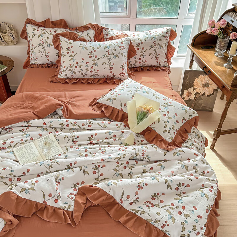 被夏季单人被子薄被芯双人小花边夏凉被宿舍 枇杷果 150*200cm单夏被