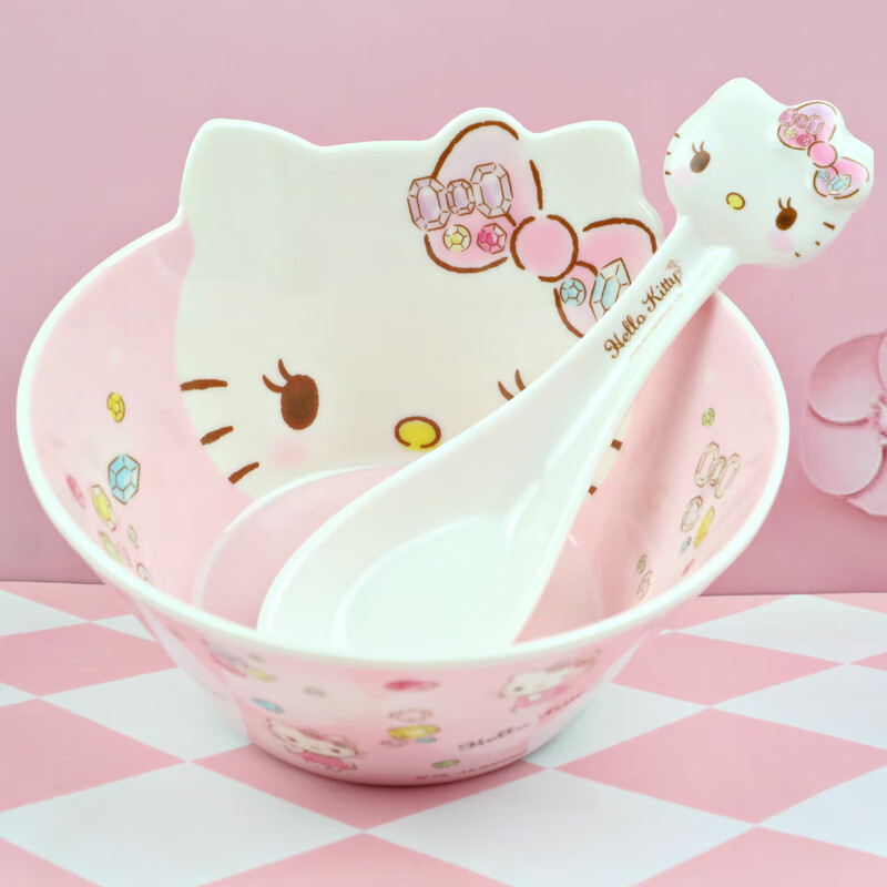 三栖虎凯蒂猫碗儿童餐具hellokitty可爱粉少女心卡通防摔KT吃饭碗 粉KT造型碗+猫头勺（收藏送筷子