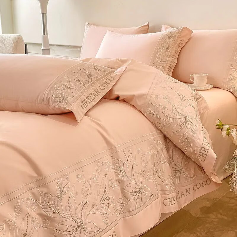 水星家紡家紡歐式母嬰長(cháng)絨棉四件套純棉輕奢刺繡被套床單床笠全棉 升級款:嬰兒級重工刺繡*玉粉*送 適用1.8m床四件套*被套2x2.3m