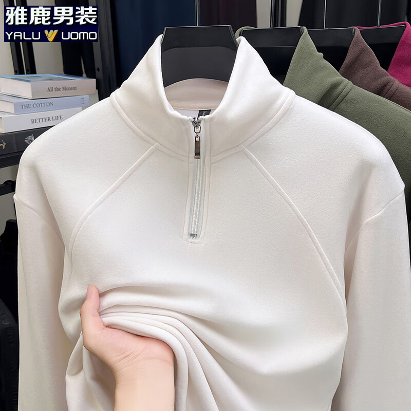 雅鹿男装拉链德绒卫衣男2025年冬季新款商务休闲套头宽松男士保暖衣 白色 2XL (120)(建议150-165斤)