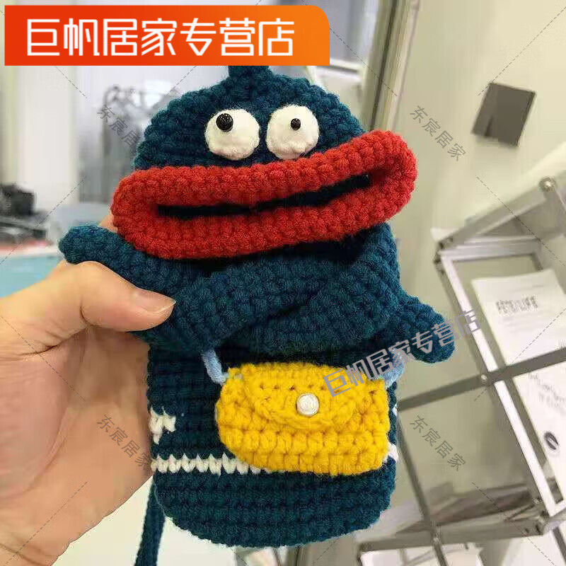 编织包包女夏毛线钩针织包手机袋斜挎包 蓝色香肠嘴材料包 教程工具