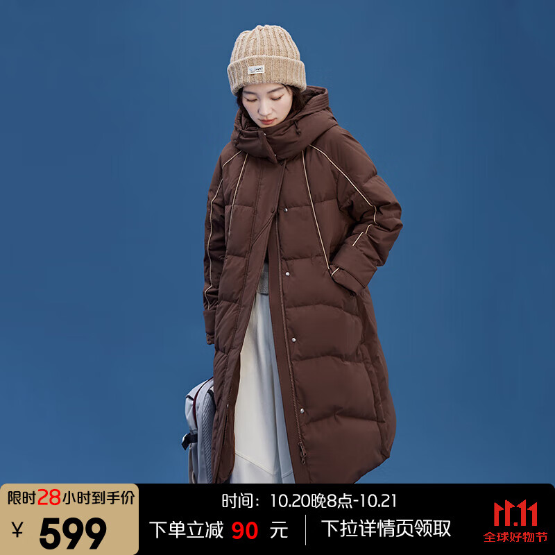 艾莱依（ERAL）长款羽绒服女新款加厚连帽韩版设计感鸭绒冬季过膝外套羽绒服 【升级版】蜜茶棕-1 S 155【建议80-