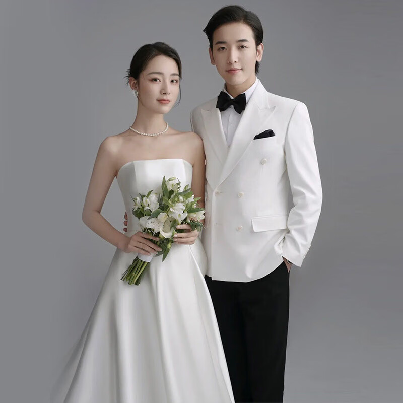 戴丽格韩式婚纱摄影24新款新娘简约大气抹胸出门纱缎面迎宾礼服轻婚纱 白色 S