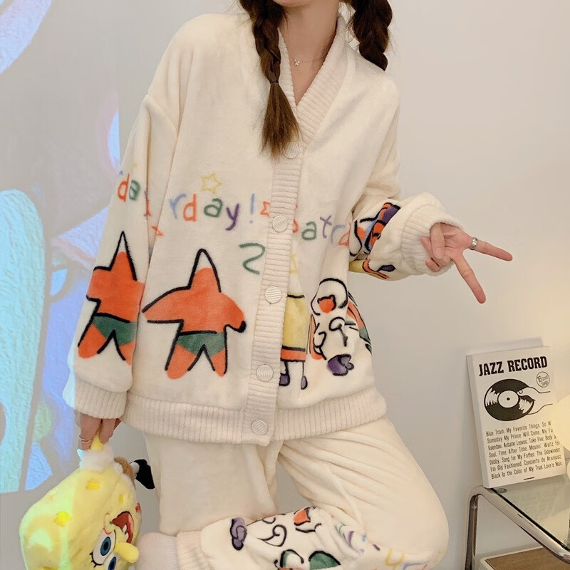 有只绵珊瑚绒家居服套装女居家仙女暖暖睡衣加绒加厚舒适保暖居家两件套 小星套装 均码 【适合80-140斤】
