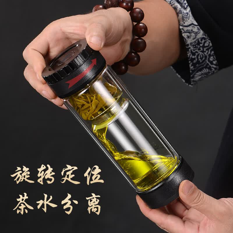 百莱斯茶水分离杯双层玻璃过滤泡茶杯高档商务办公茶水杯老师纪念品礼物 橄榄绿 380ml