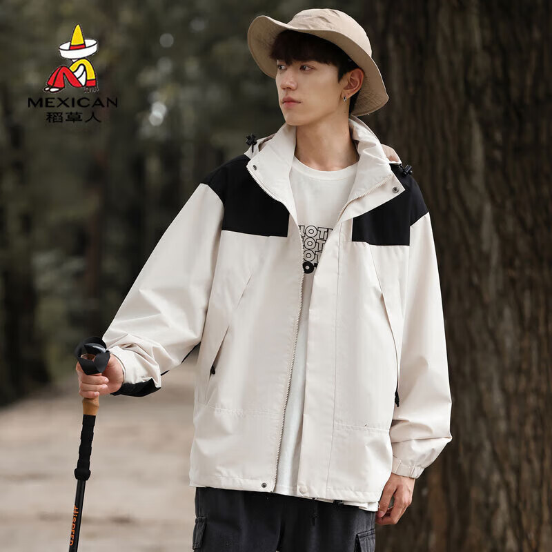 稻草人单层冲锋衣男女秋季新款双拼色户外登山旅行夹克男情侣款外套 象牙白【男女同款】 3XL
