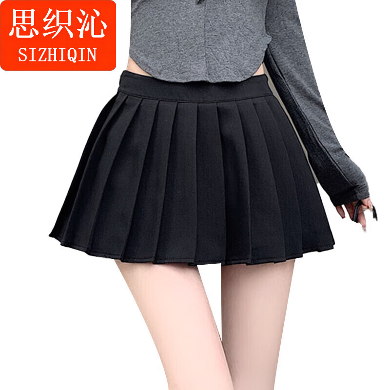 思织沁2024新款短裙女士甜美可爱半身裙褶皱设计感黑色短裙高腰百褶裙女 黑色(内衬带安全裤) L(80-120斤)