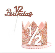 儿童宝宝周岁生日头带发饰可爱皇冠发箍 松紧带发带生日装饰 玫瑰金套装