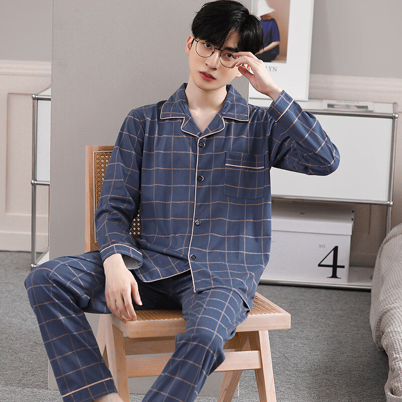 佧森滋男士睡衣春秋新款棉质可外穿薄款开衫感男款家居服套装男 WR-9913 L