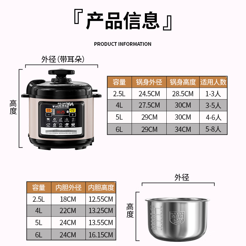 万宝电压力锅 电高压锅家用压力煲智能预约电压锅多功能电压力煲煮饭电饭煲 【304不锈钢内胆】1-3人用 2.5L