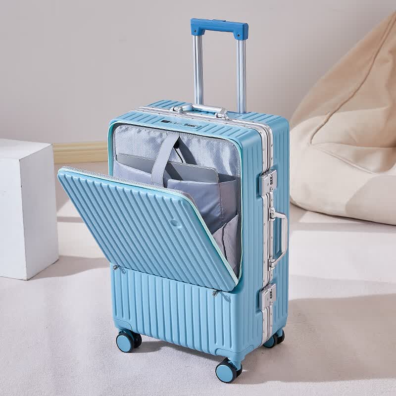 广璐迪【顺丰急发】多功能可扩展行李箱小型登机箱皮箱密码拉杆箱旅行箱 三分之二前置开口铝框箱/天晴蓝 26英寸 大容量+USB/Type-c+杯架