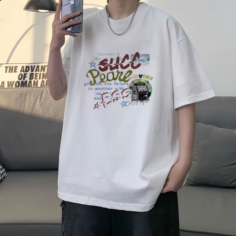 诗莉奥（SHILIAO）短袖T恤男重磅纯棉夏季潮牌ins印花上衣宽松圆领半袖体恤男装衣服 机霸(白) XL (120-140斤)