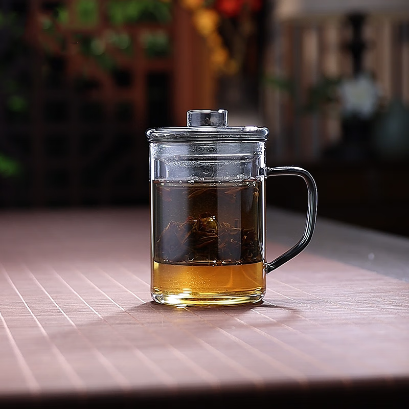 全度高硼硅耐热玻璃加厚茶杯办公室茶水分离三件式泡茶杯家用水杯 观山茶漏三件杯【钮盖】 400ml 1只