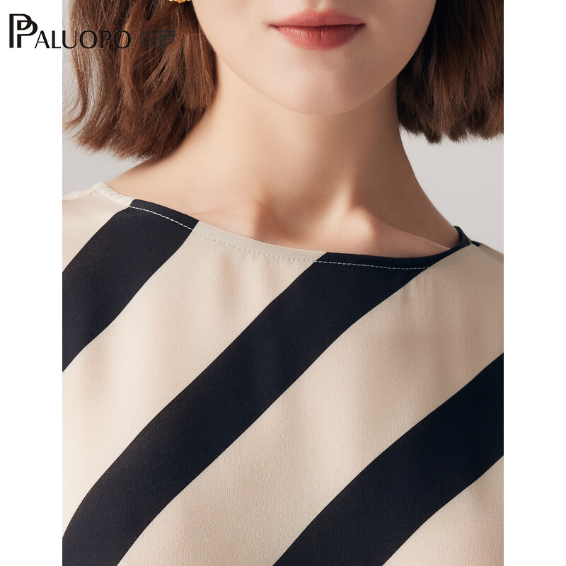 帕罗(PALUOPO)14姆米双绉真丝短袖t恤女条纹印花圆领100%桑蚕丝森休闲t体恤上衣 米黑 2XL (175/96A)