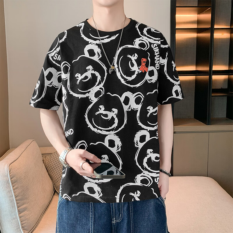 以纯冰丝男士短袖t恤夏季宽松潮牌小熊半截袖男款潮流冰感休闲上衣服