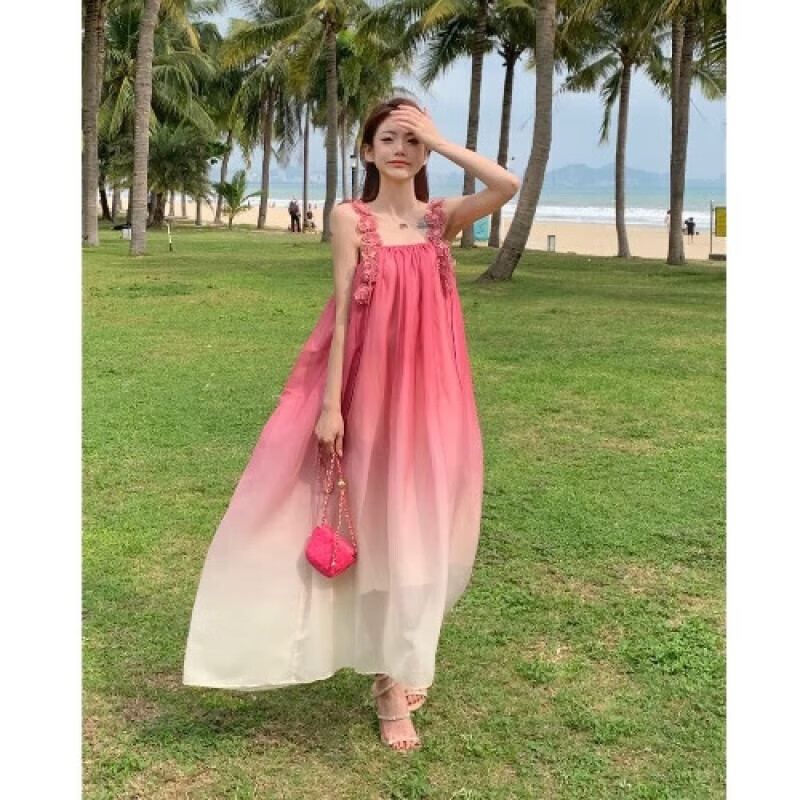 听过海滩裙 三亚旅游沙滩裙法式粉色吊带连衣裙子女夏天穿的仙气 渐变粉色精致 -绝美 -初恋 -宽 s