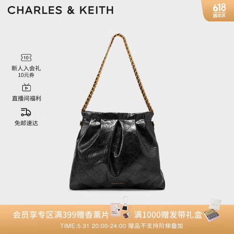 CHARLES&KEITH子母链条大容量流浪包托特包单肩斜挎包包女包女士CK2-40671449 Black黑色 L