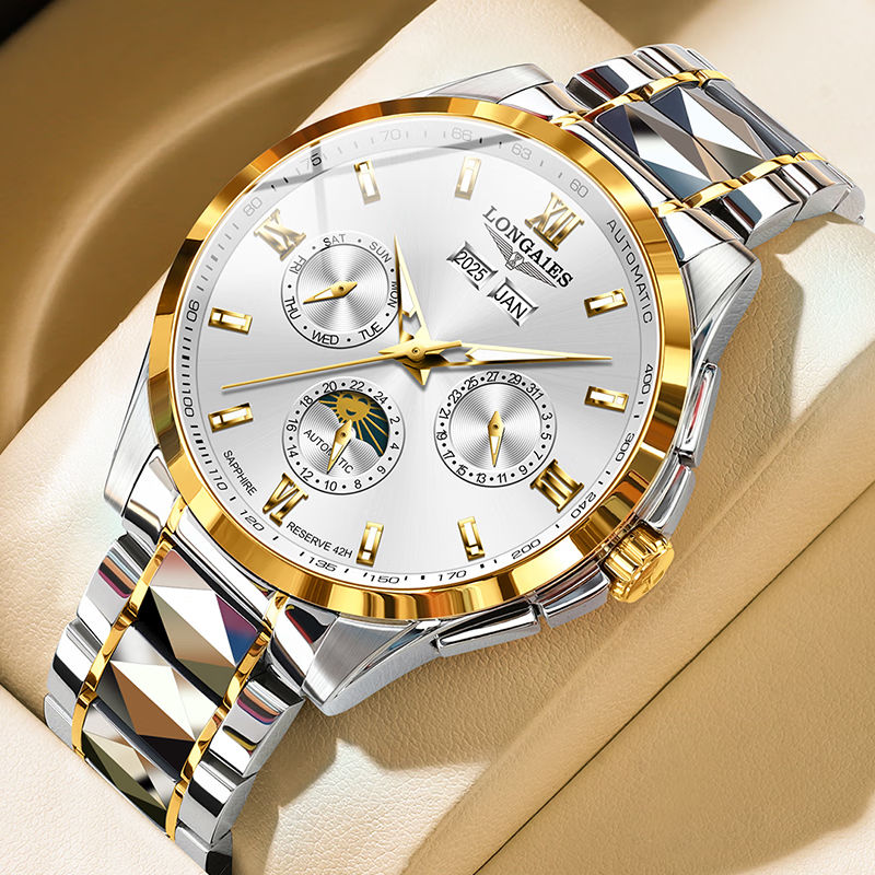 LONGAIES瑞士手表品牌十大名表男款月相陀飞轮手表男士全自动机械表男表 月相款【升级版】本色白面