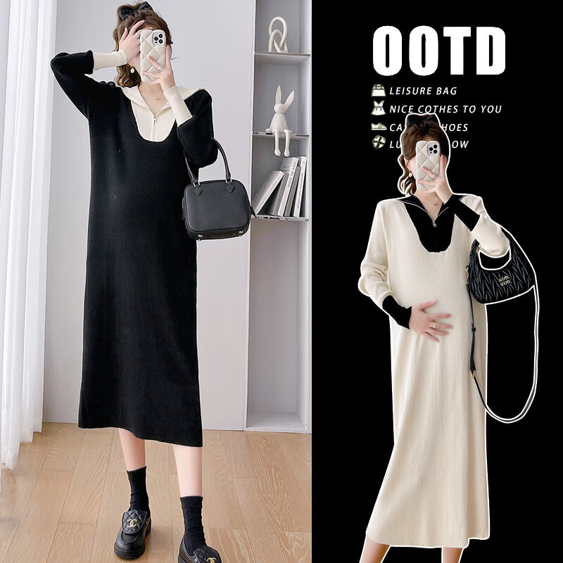 mms)严选秋冬新款韩版时尚法式气质简约孕妇长款针织连衣裙孕妇裙长裙