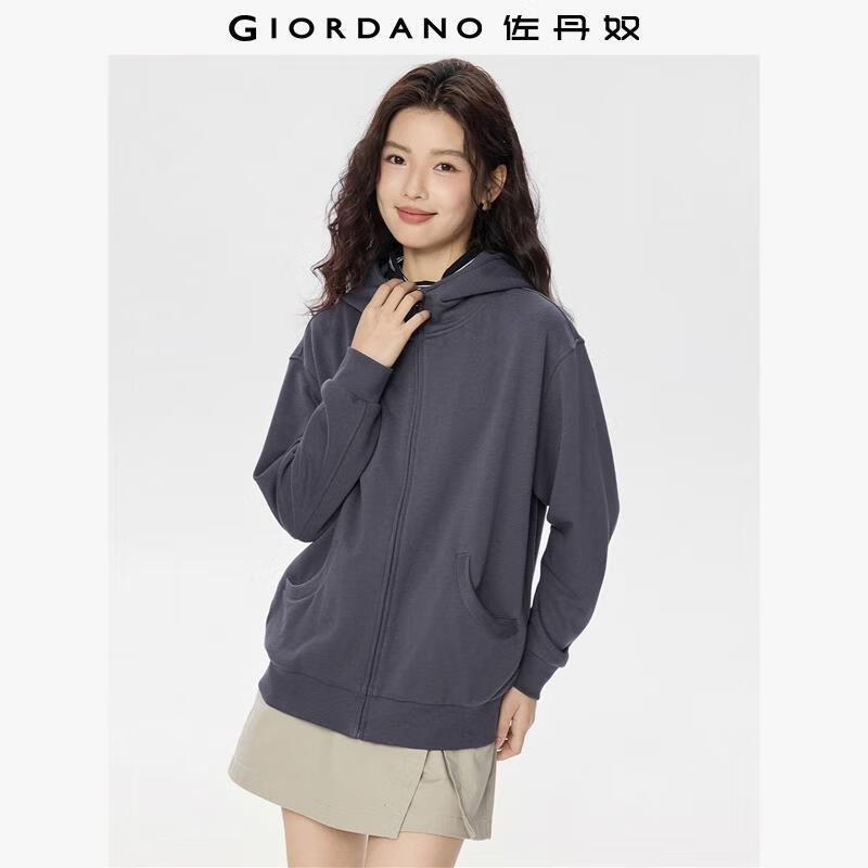 佐丹奴外套女装秋冬新款宽松中长款cleanfit连帽卫衣开衫13375185 11铁杆灰 XL