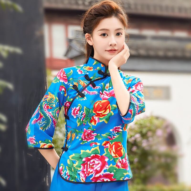 氧摩二人转服装 东北大花布衣服伴娘村姑演出服花衣服二人转表演服装