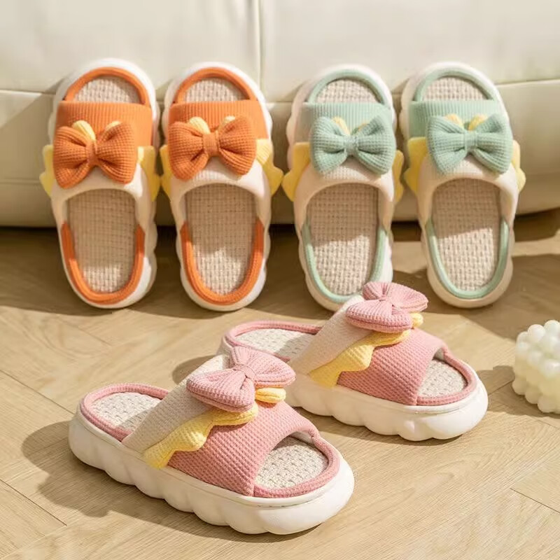 福虹辰在逃公主亚麻拖鞋女防滑室内情侣四季家居可爱棉麻厚底夏季凉拖Z 蝴蝶结亚麻拖-桔色 36-37 适合35-36