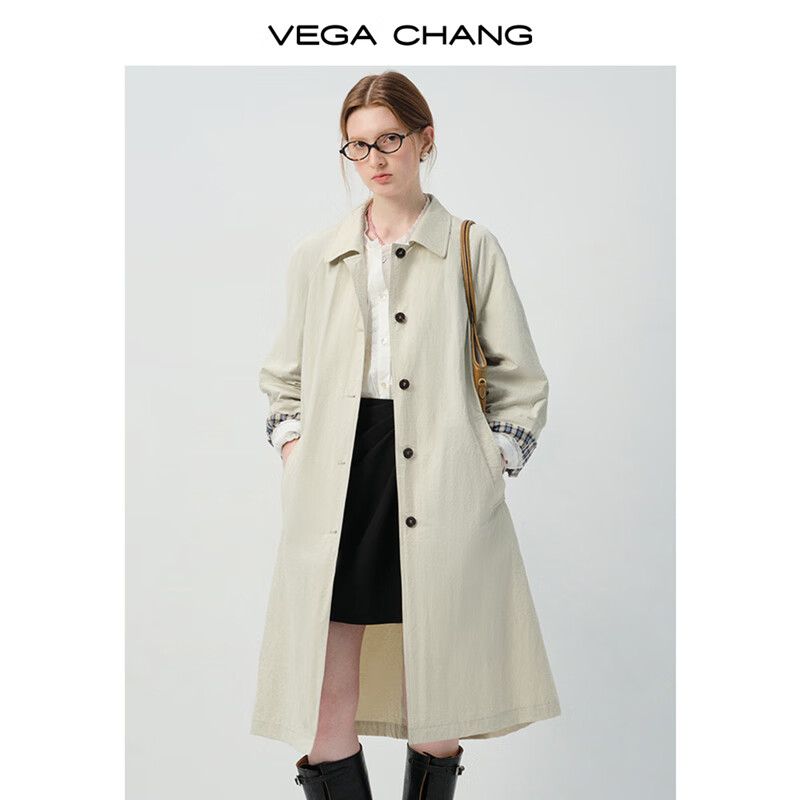 VEGA CHANG风衣女2025秋季新款复古格纹宽松翻领小个子中长款外套 月绒米 M