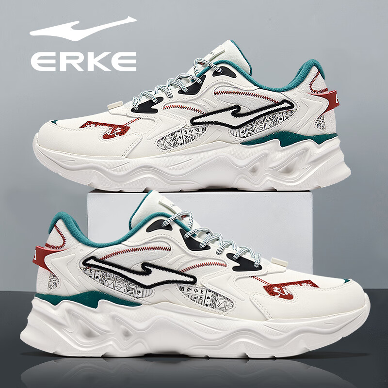 鸿星尔克（ERKE）男鞋2025秋冬新款增高休闲老爹鞋官方正品皮面保暖黑色软底运动鞋 微晶白/深沼泽色（革面）2004 39 【官方正品】